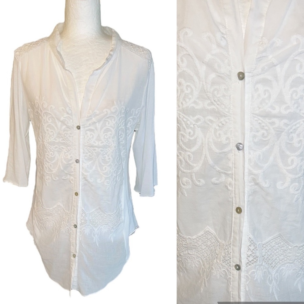 LN Anthropologie Dylan White Embroidered Crochet Button Down Knit Top - S